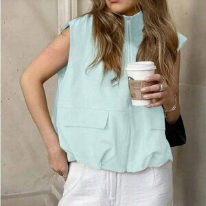 Women Casual Solid Color Crew Neck Zip-Up Sleeveless Jacket